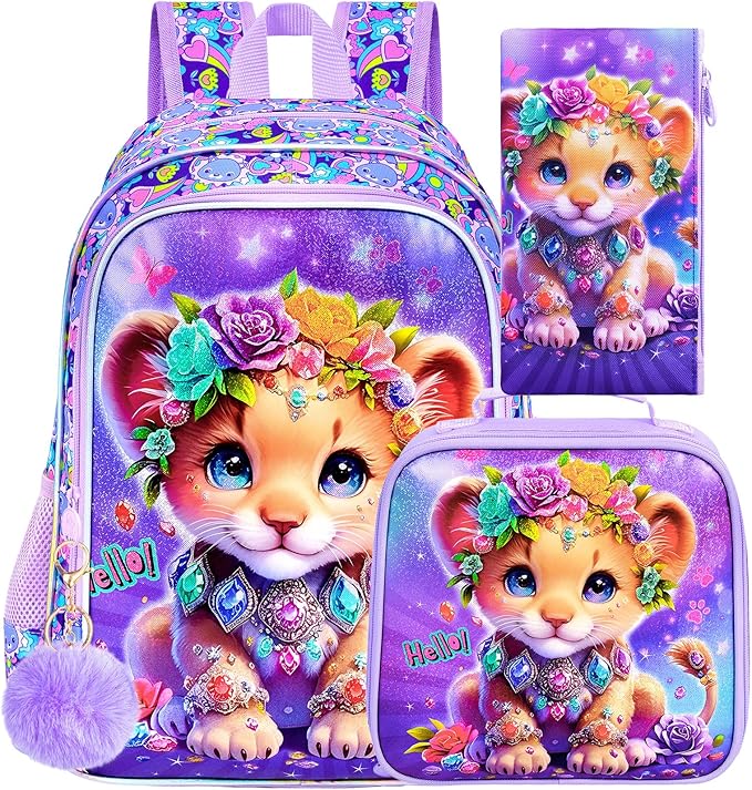 3Pcs Backpack for Girls, 16" Lion Kids Bookbag for Elementary Preschool Kindergarten, School Backpacks with Lunch Box(Purple)