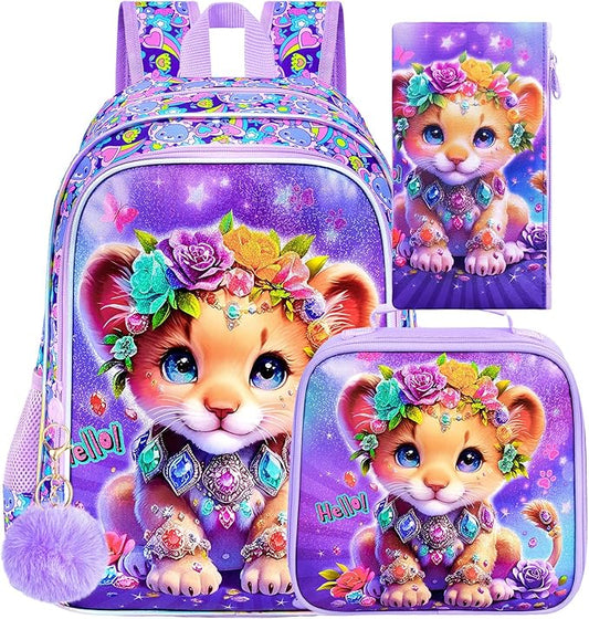 3Pcs Backpack for Girls, 16" Lion Kids Bookbag for Elementary Preschool Kindergarten, School Backpacks with Lunch Box(Purple)