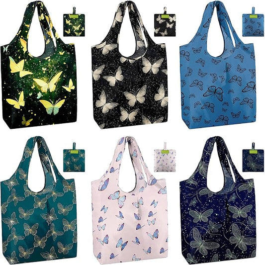 BeeGreen Butterfly Reusable Grocery Bags 6 Pack, Heavy Duty Totes for Women, Foldable Grocery Bag Large Shopping Totes with Handles for Work, Travel, Gift, Store, Polyester Washable Reusable Tote Bag