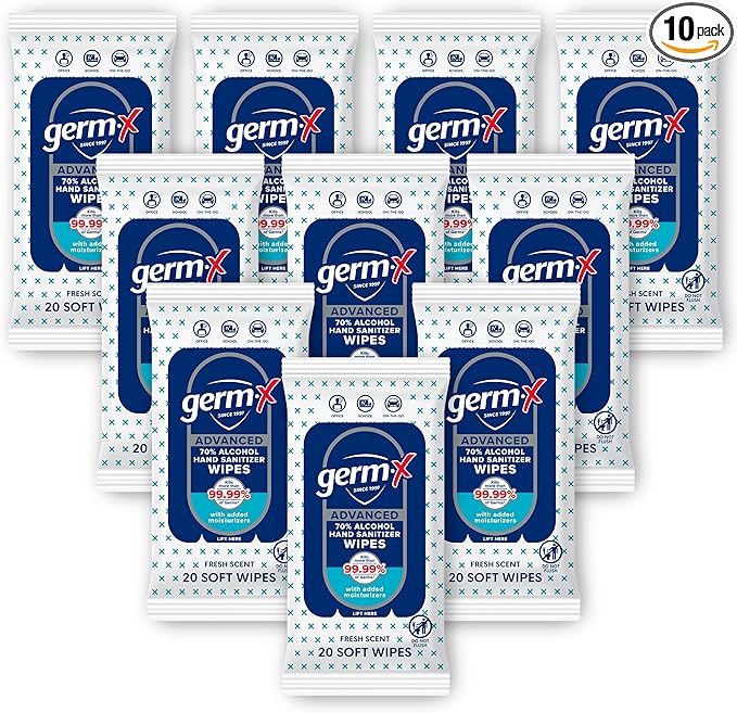 Germ-X Advanced Single-Use Hand Sanitizer Wipes, 20 Soft Wipes, Non-Drying Hand Sanitizer, Instant No Rinse Formula, Back to School Supplies, 70% Alcohol-Based Moisturizing Hand Sanitizer (Pack of 10)