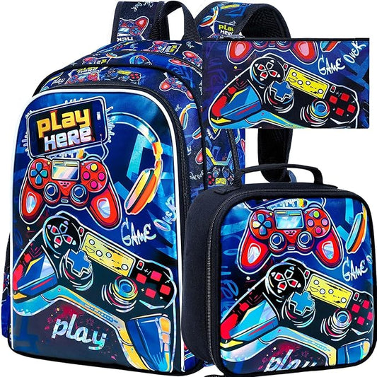 CCJPX 3PCS Gamer Backpack for Boys, 16 Inch Kids Water Resistant Preschool Bookbags, Cool Kindergarten School Backpacks and Lunch Box