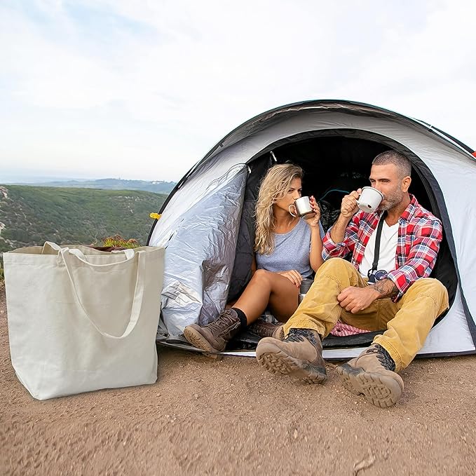 Koolmox Tote Bag Bulk with Zipper, 6-Pack 22x16x7.8'' Beige Tote Bag, 12Oz Durable Grocery Tote with Reinforced Handles and Wide Bottom for Grocery Shopping Bags Washable and Reusable Carry All Bags