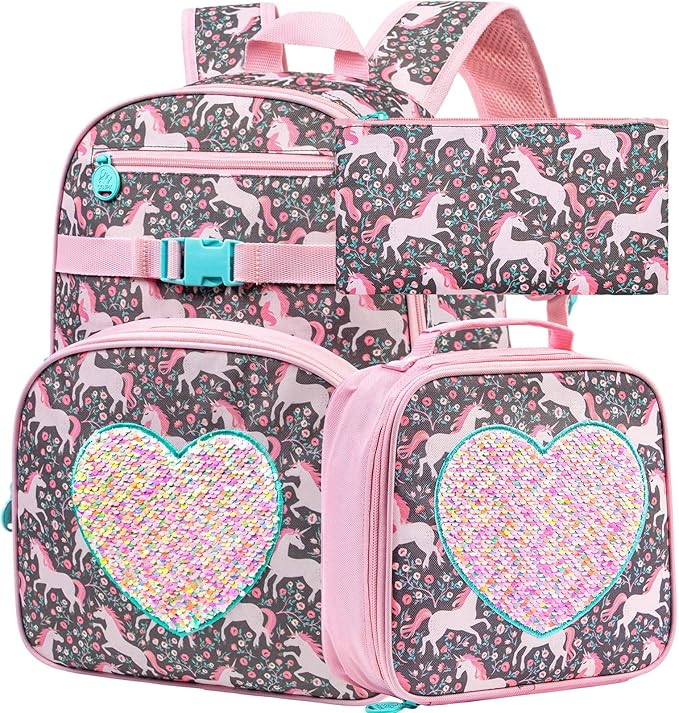 3pcs Unicorn Backpack, 16" Girls Sequin Bookbag with Lunch Box, Kids School Backpacks for Elementary Kindergarten Preschool(Pink)