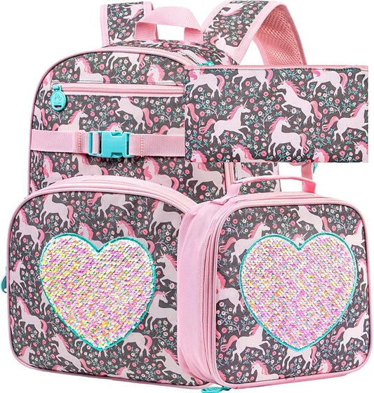 3pcs Unicorn Backpack, 16" Girls Sequin Bookbag with Lunch Box, Kids School Backpacks for Elementary Kindergarten Preschool(Pink)