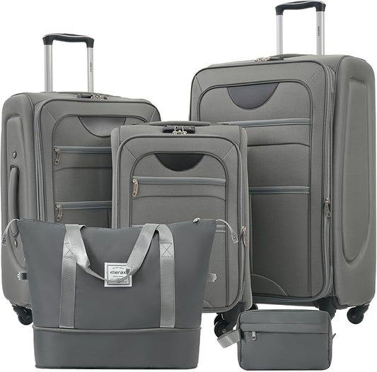 Merax Softside Luggage Set Softshell Lightweight 3 Piece Spinner Suitcase with Duffel Bag Expandable Upright Travel Luggage 22" 26" 30",Grey