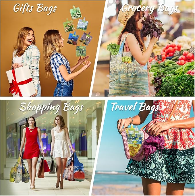 BeeGreen Oil Painting Reusable Grocery Bags 6 Pack, Heavy Duty Totes for Women, Foldable Grocery Bag Large Shopping Totes with Handles for Work, Travel, Gift, Polyester Washable Reusable Tote Bag