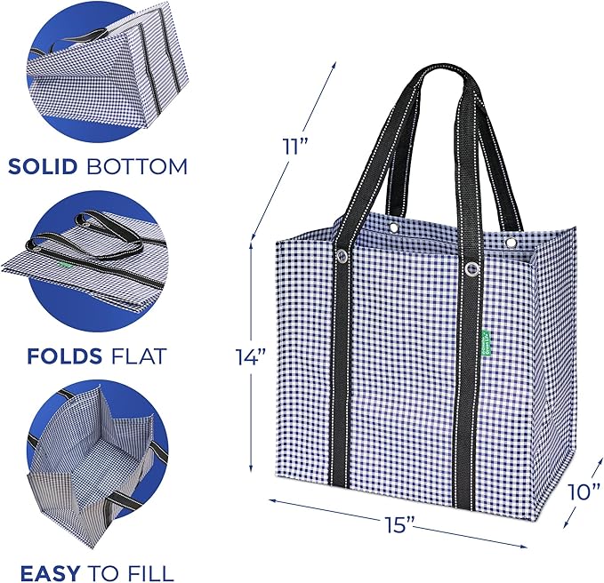 Creative Green Life 3 Pack Heavy Duty Reusable Grocery Bags with Hard Bottom & Strong Handles – Foldable, Durable, Easy to clean, Water-Resistant & Multi-Purpose (Blue Checkered)