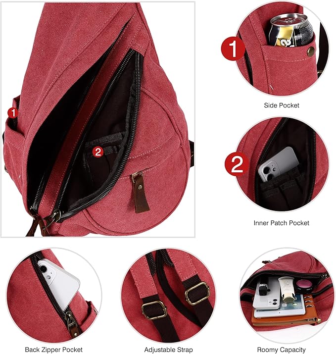 HuxFam Sling Bag for Women Men Crossbody Backpack Canvas Convertible Chest Bags Outdoor Travel Hiking Cycling Shoulder Daypack,Red