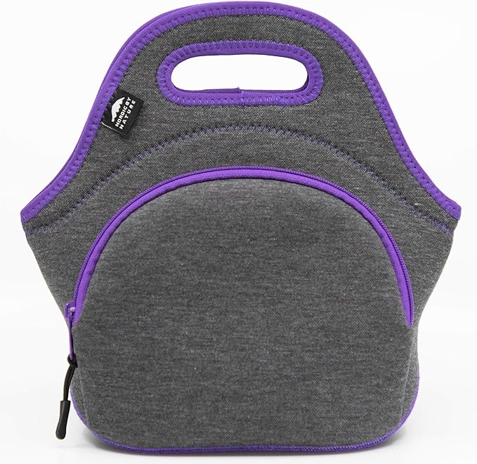 Nordic By Nature Neoprene Lunch Bag for Women & Lunch tote for Kids Insulated Lunch bag Reusable Washable Extra Thick Neoprene & Soft Cotton Feel, Premium Stitching, Outside Pocket, (M) Purple