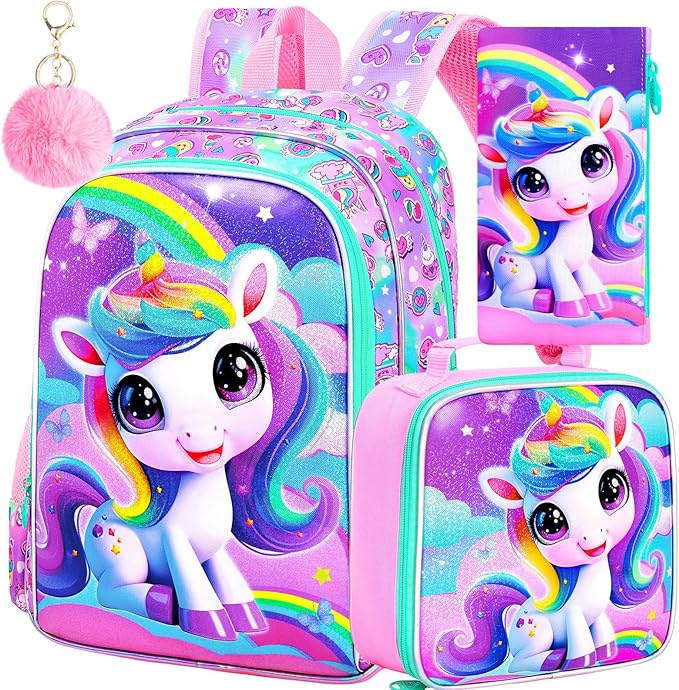 3Pcs Unicorn Backpack for Girls, 16" School Backpacks Set for Elementary Preschool Kindergarten, Kids Bookbag with Lunch Box(Pink)