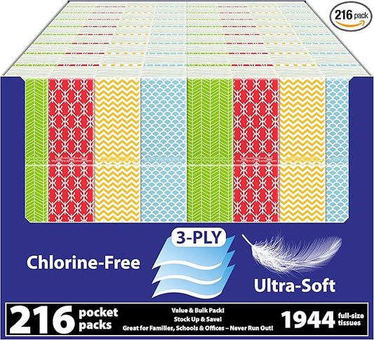 Funwares White Facial Travel Tissue Packs, Non-Bleach, Chlorine-Free, Compact Pocket Tissues for Car, Purse, School, Work, On-the-Go Tissue Packs, Geometric Design, 216 Pack, 1944 Tissues, 3-Ply Sheet