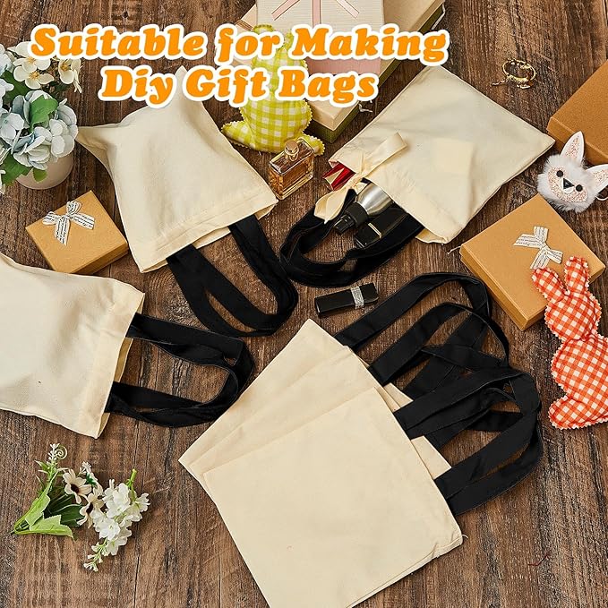 Amylove 48 Pcs Mini Tote Bag Sublimation Blank Canvas Tote Bags Reusable Grocery Luggage DIY Sack Goody for Party Even (10 x 10 Inch,Natural with Black Handle)
