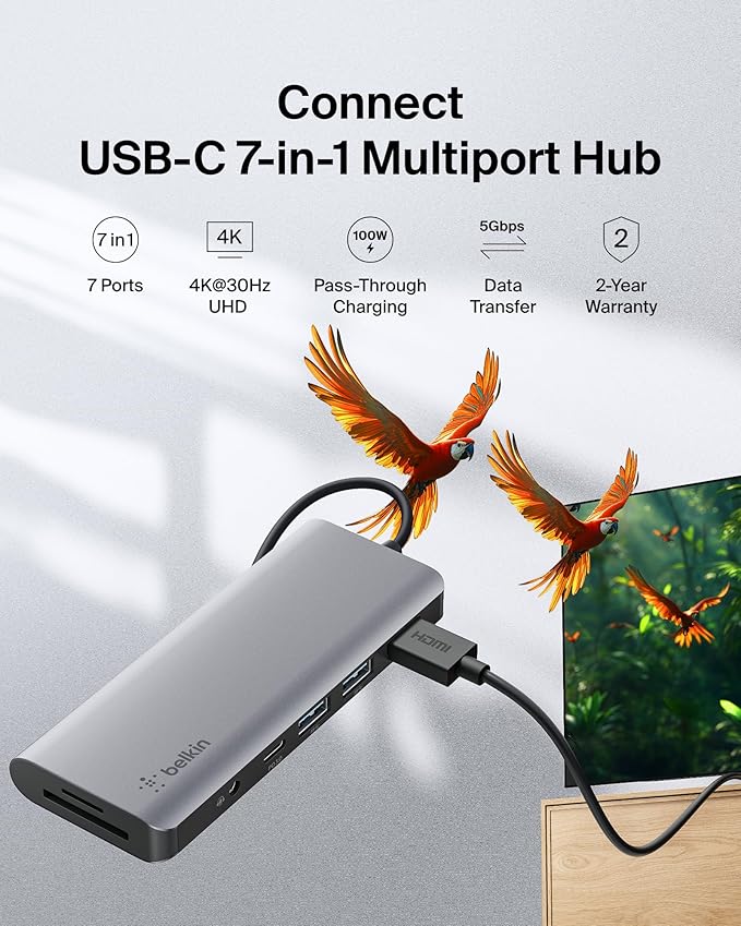 Belkin USB-C Hub, 7-in-1 MultiPort Docking Station for MacBook & Windows - 85W USB-C Power Delivery 3.0, 4K HDMI 1.4, 2x USB-A 3.0, SD 3.0, Micro SD 3.0, & 3.5mm Audio Jack