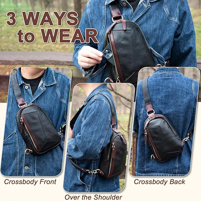 Genuine Leather Sling Bag for Men and Women Crossbody Shoulder Bag Sling Backpack Chest Purse Carry on Daypack