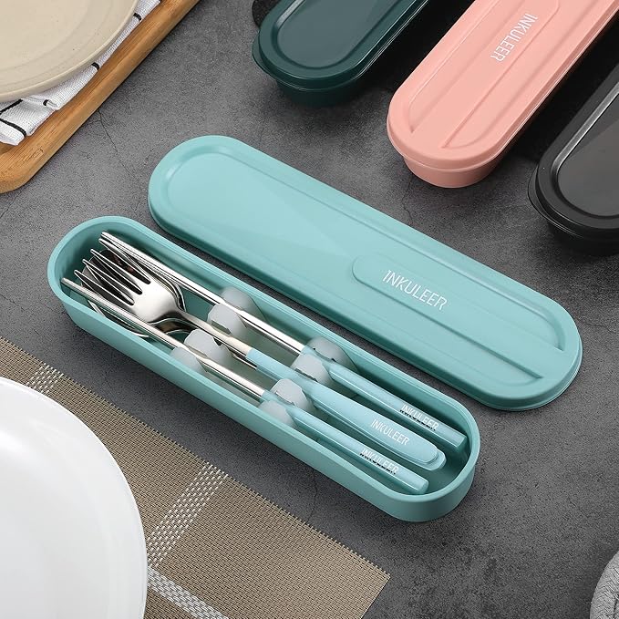 Travel cutlery set, 18/8 stainless steel cutlery, Reusable utensils set with case, Portable Silverware Lunch Box for Camping and Office