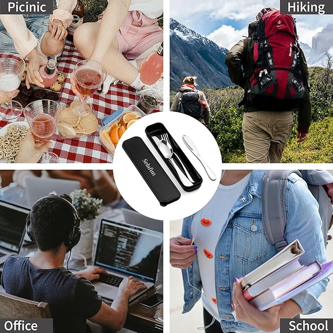 5-pieces Travel Set with Case Portable Silverware Utensils Set for work, Stainless Steel Reusable Flatware Set Cutlery Set for Camping Picnic Hiking Office (silver, 5.9)