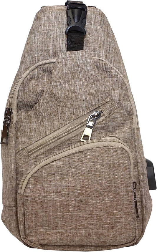 Anti-Theft Daypack Crossbody Sling Backpack, USB Charging Connector Port, Lightweight Day Pack for Travel, Hiking, Everyday, Regular, Tan