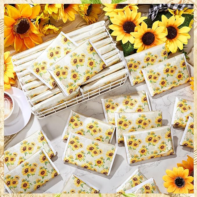 50 Pack Sunflower Pocket Tissues Individual Packs Sunflower Floral Pocket Facial Bulk 3 Ply Wallet Travel Tissues for Summer Wedding Party Supplies
