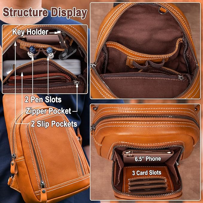 Genuine Leather Sling Bag for Men and Women Crossbody Shoulder Bag Sling Backpack Chest Purse Cross Body Pouch