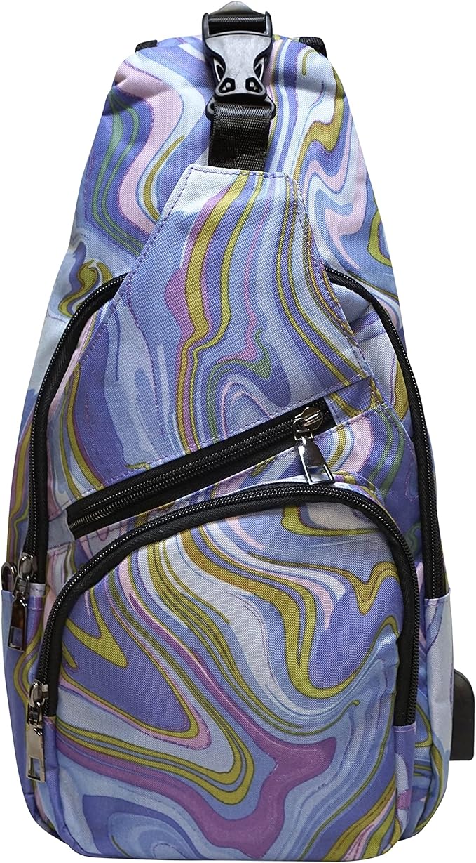 Anti-Theft Daypack Crossbody Sling Backpack, USB Charging Connector Port, Lightweight Day Pack for Travel, Hiking, Everyday, Large, Amethyst Swirl