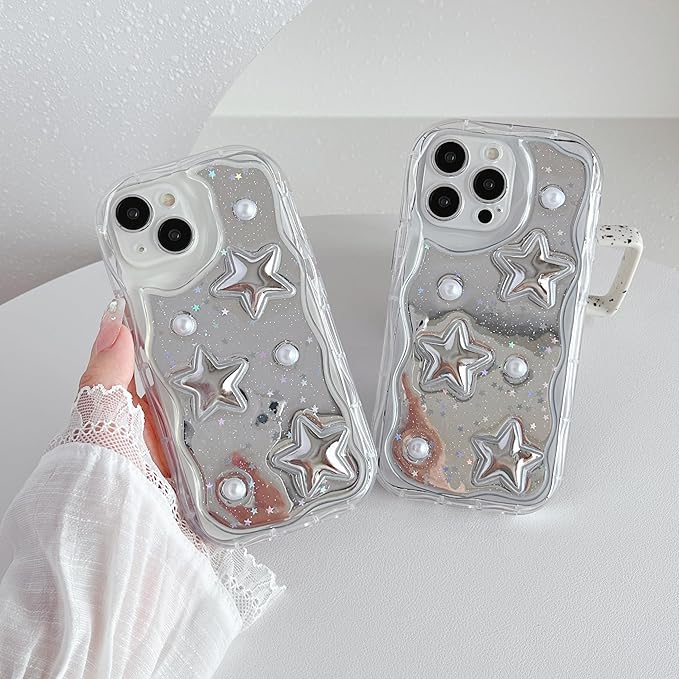 3D Stars Pearls Wavy Frame Plating Mirror Phone Case Compatible with iPhone Case for Women Girls (Clear,for iPhone 11 Pro)