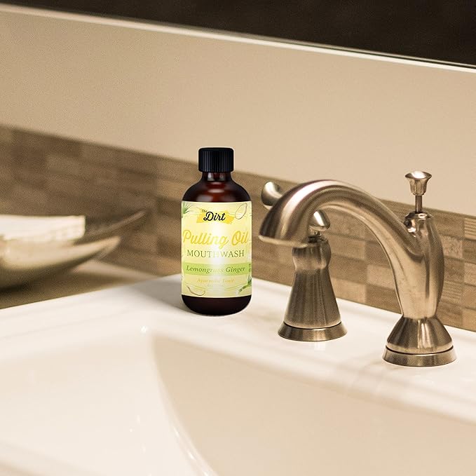 THE DIRT Oil Pulling Mouthwash - Gluten Free - Removes Plaque, Tartar, Bad Breath & Whitens Teeth (Lemongrass & Ginger, 4 Ounce)