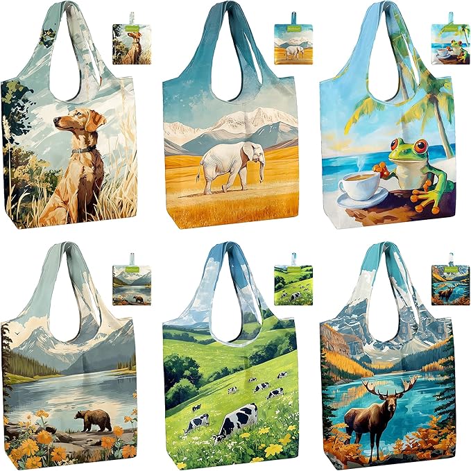 BeeGreen Reusable Grocery Bags 6 Pack, Heavy Duty Totes for Women, Foldable Grocery Bag Large Shopping Totes with Handles for Work, Travel, Gift, Store, Polyester Washable Reusable Tote Bag