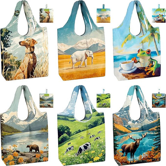 BeeGreen Reusable Grocery Bags 6 Pack, Heavy Duty Totes for Women, Foldable Grocery Bag Large Shopping Totes with Handles for Work, Travel, Gift, Store, Polyester Washable Reusable Tote Bag