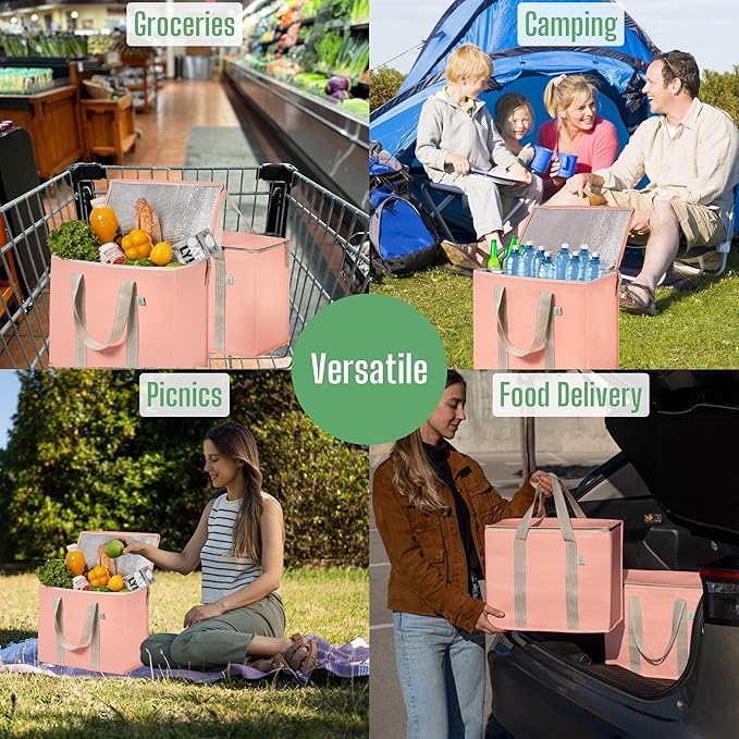 VENO 2 Pack Cooler Bag and Insulated Grocery Bags for Food Delivery, Collapsible Cooler. Reusable Shopping Bags for Groceries with Hard Bottom, Zippered, Foldable, Heavy-Duty (Peach Pink, 2 Pack)