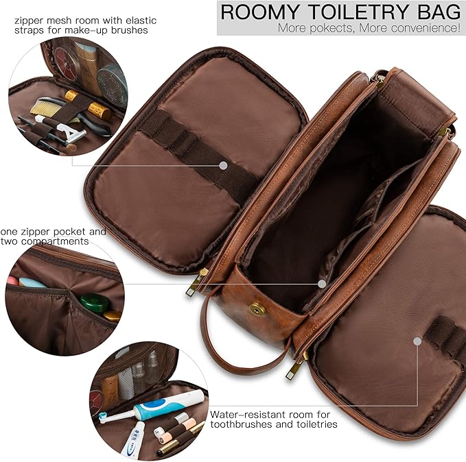 Elviros Toiletry Bag for Men, Large Travel Shaving Dopp Kit Water-resistant Bathroom Toiletries Organizer PU Leather Cosmetic Bags Fathers Day Gift (Medium, Dark Brown)