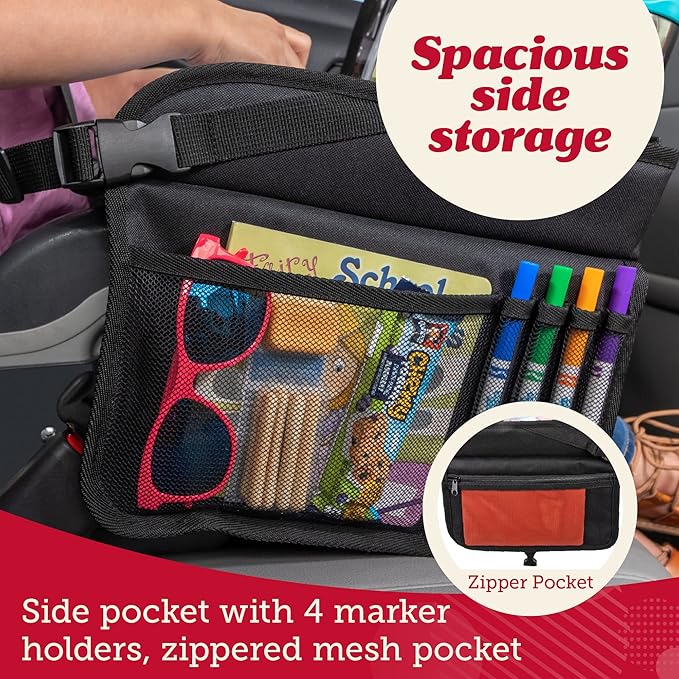 Lusso Gear Kids Lap Desk Tray (Value 2 Pack) - Mesh Pockets & Cup Holder for Car Travel Essentials - Car Seat Tray for Kids Travel & Tablet Holder - Dry-Erase Surface for Road Trip Activities - Black