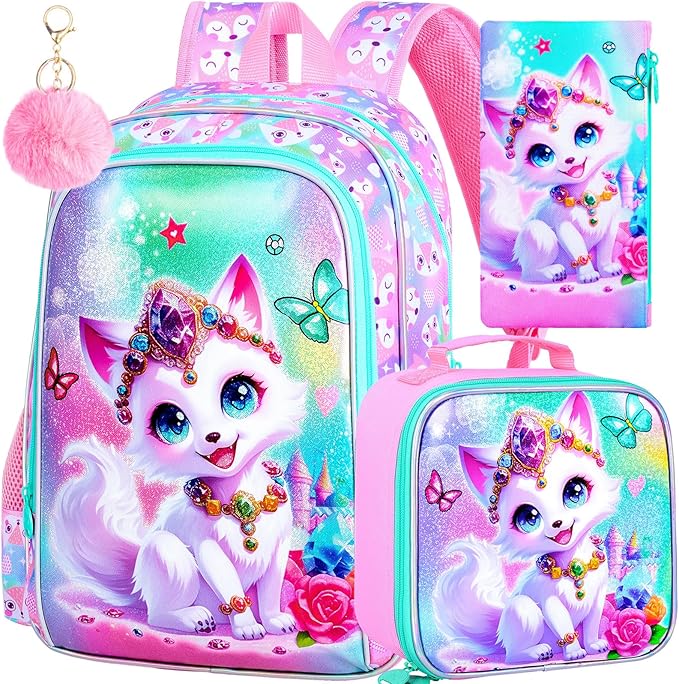 3Pcs Fox Backpack for Girls, 16" Kids Bookbag with Lunch Box，School Backpacks for Elementary Preschool Kindergarten (Pink)
