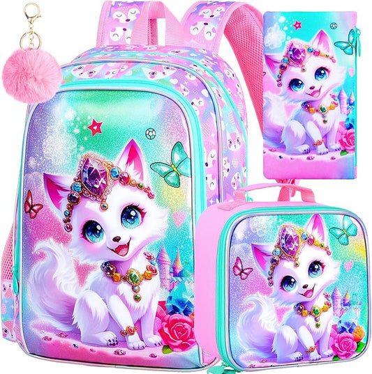 3Pcs Fox Backpack for Girls, 16" Kids Bookbag with Lunch Box，School Backpacks for Elementary Preschool Kindergarten (Pink)