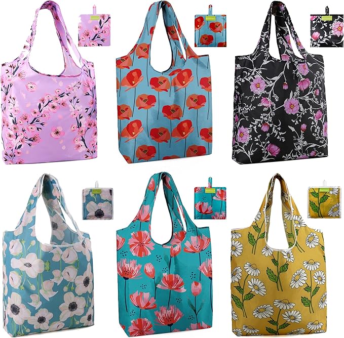 BeeGreen Reusable Grocery Bags 6 Pack, Heavy Duty Totes for Women, Foldable Grocery Bag Large Shopping Totes with Handles for Work, Travel, Gift, Store, Polyester Washable Reusable Tote Bag
