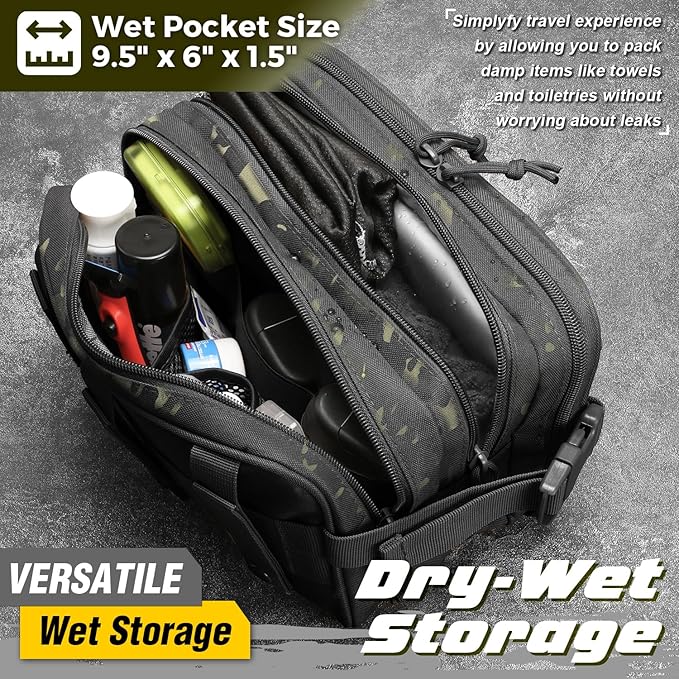 DBTAC Tactical Toiletry Bag w/Electronic Organizer Compartment | Dry/Wet Separate Hygiene Bag, Expanded Travel Dopp Kit Shaving Kit Travel shower Bag for Men (Black Camo)
