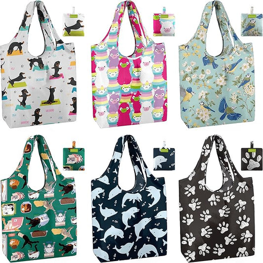 BeeGreen Reusable Grocery Bags 6 Pack, Heavy Duty Totes for Women, Foldable Grocery Bag Large Shopping Totes with Handles for Work, Travel, Gift, Store, Polyester Washable Reusable Tote Bag