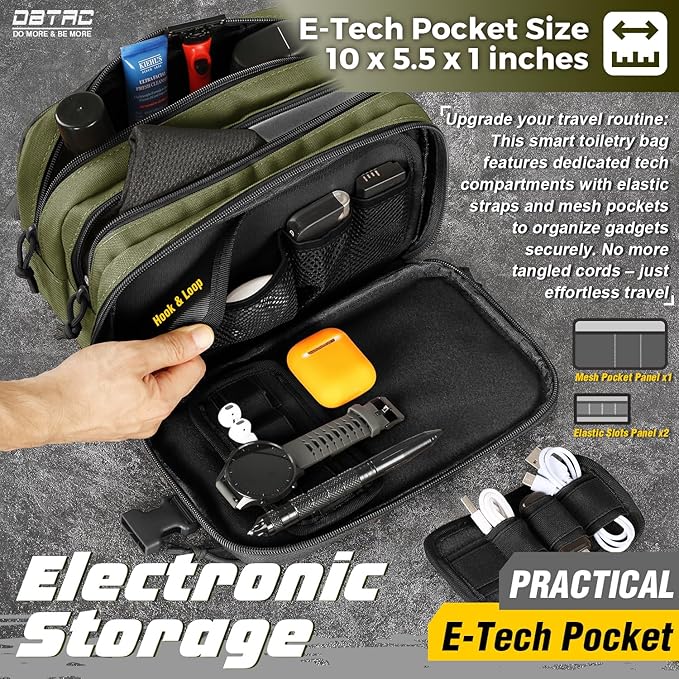 DBTAC Tactical Toiletry Bag w/Electronic Organizer Compartment | Dry/Wet Separate Hygiene Bag, Expanded Travel Dopp Kit Shaving Kit Travel shower Bag for Men (OD Green)