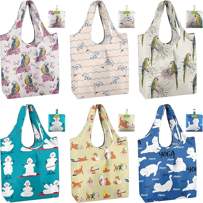 BeeGreen Reusable Grocery Bags 6 Pack, Heavy Duty Totes for Women, Foldable Grocery Bag Large Shopping Totes with Handles for Work, Travel, Gift, Store, Polyester Washable Reusable Tote Bag