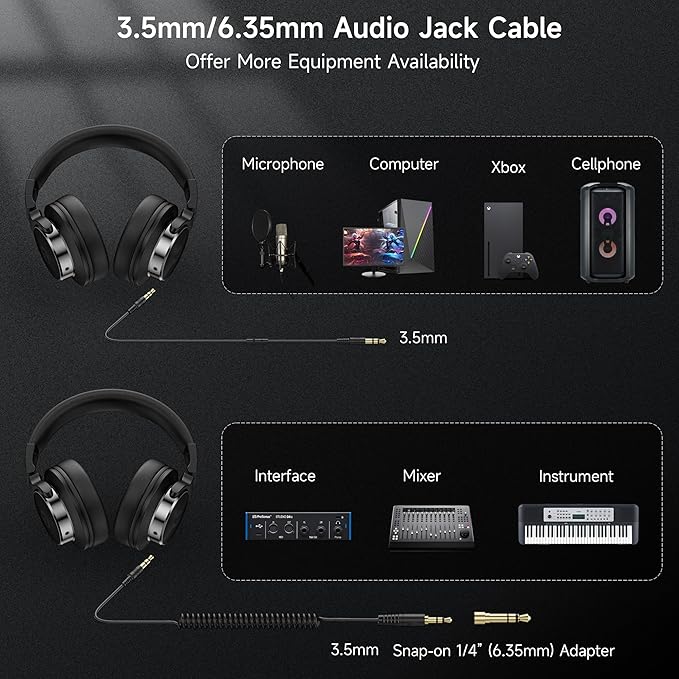 Wired Over Ear Headphones, Studio Monitor & Mixing DJ Headphones with 50mm Neodymium Drivers and 1/4 to 3.5mm Jack for Guitar AMP Podcast Piano Keyboard (Black)