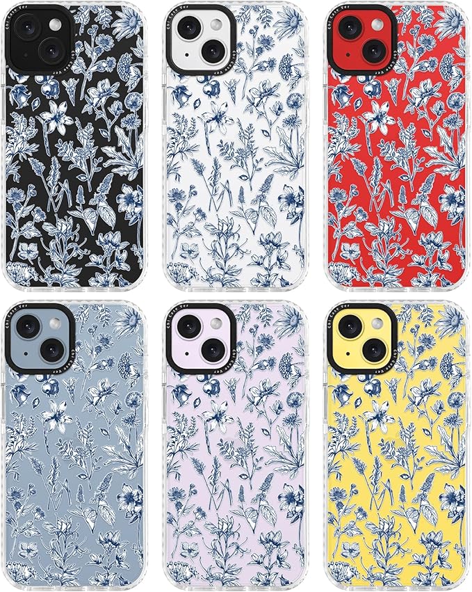 for iPhone 14 Case, Vintage Botanical Pattern with Blue Flowers, Military-Grade Drop Protection, Cute Soft Slim TPU Protective Cover with Camera Lens Protection for Women & Girls