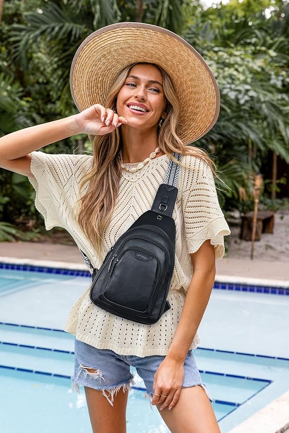 10L Crossbody Sling Bag for Women Men Anti Theft Cross Body Fanny Pack Belt Bag Purse Gifts for Women Faux Leather, Black