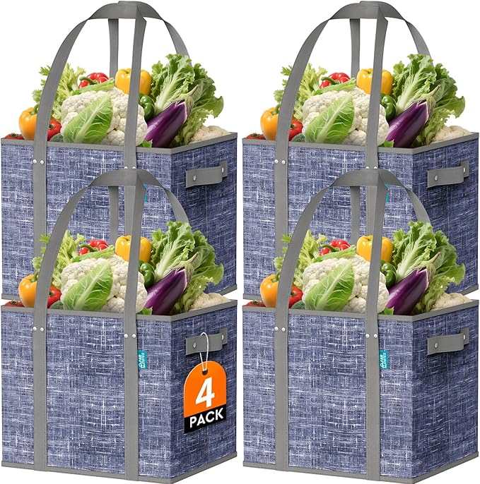 Fab totes Reusable Grocery Bags, Large Foldable Shopping Tote Bags with Reinforced Handles & Hard Bottom,Water Resistant Grocery Bags for kitchen,Picnic,4 Pack,Blue