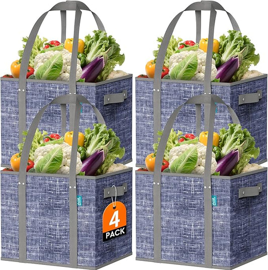 Fab totes Reusable Grocery Bags, Large Foldable Shopping Tote Bags with Reinforced Handles & Hard Bottom,Water Resistant Grocery Bags for kitchen,Picnic,4 Pack,Blue