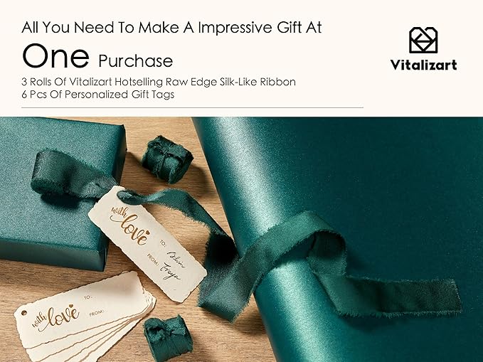 Vitalizart Green Wrapping Paper Set 30" Pearly-Lustre With Silk Like Satin Ribbon & Gift Tags Recyclable Eco-Friendly Christmas Gift Wrapping Birthday Baby Shower Wedding Handmade Crafts 197"(16.4 Ft)