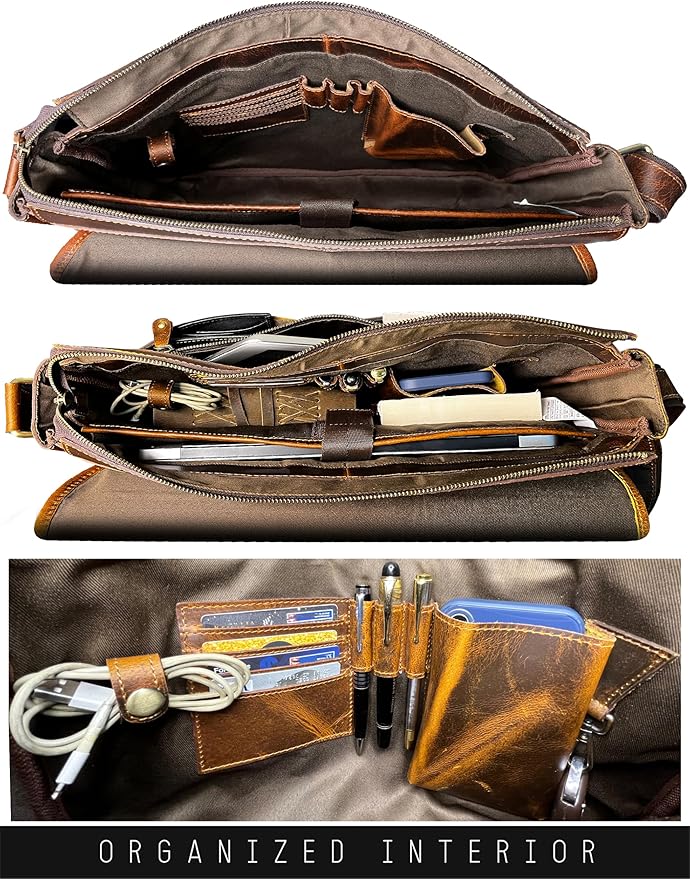 Leather Messenger Bag for Men 16" Full Grain Leather Laptop Bag Vintage Crossbody Office Satchel Travel Shoulder Bag