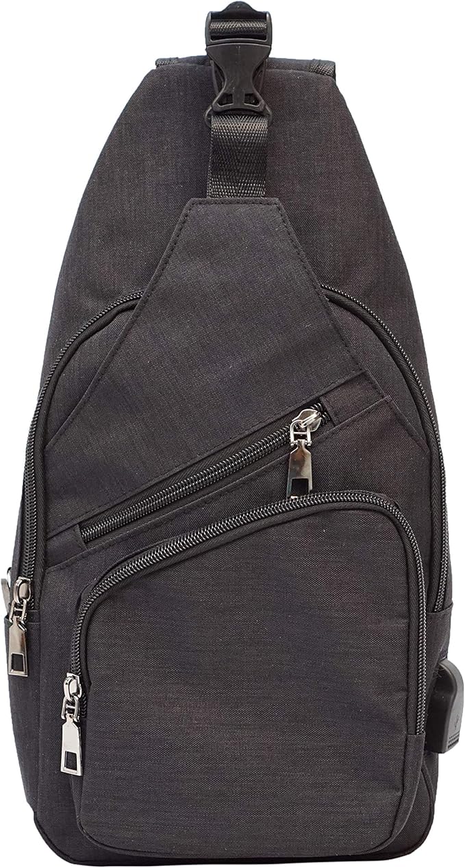 Anti-Theft Daypack Crossbody Sling Backpack, USB Charging Connector Port, Lightweight Day Pack for Travel, Hiking, Everyday, Large, Black