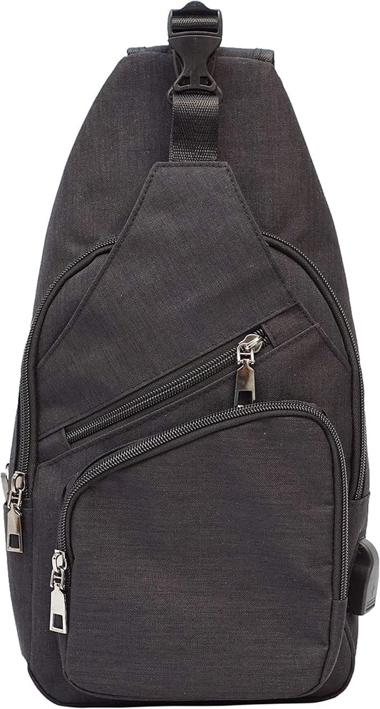Anti-Theft Daypack Crossbody Sling Backpack, USB Charging Connector Port, Lightweight Day Pack for Travel, Hiking, Everyday, Large, Black