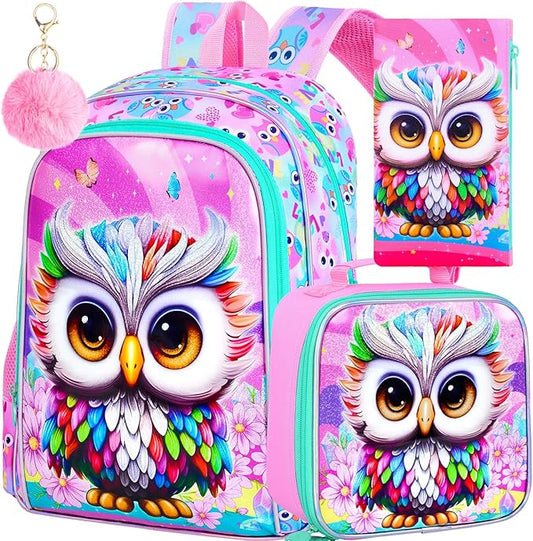 3Pcs Backpack for Girls, 16" Kids Bookbag with Lunch Box, Owl School Backpacks Set for Elementary Preschool Kindergarten(Pink)