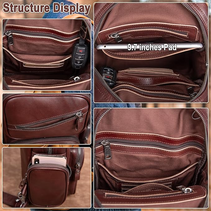 Genuine Leather Sling Bag for Men Large Crossbody Shoulder Bag Casual Sling Backpack Anti-Theft Travel Chest Purse