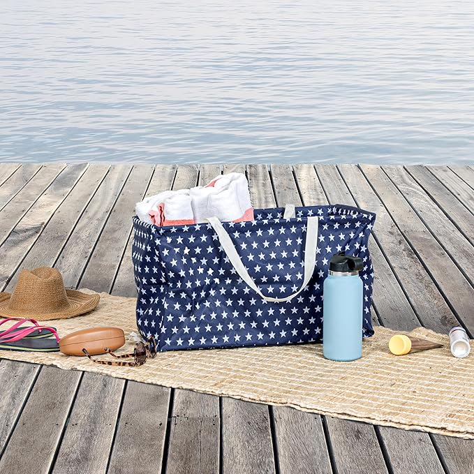 Household Essentials Large Canvas Utility Tote Bag with Handles | Collapsible Storage Basket for Laundry, Groceries, College, Beach, Car & More | Water-Resistant Lining | 11"x22"x13"